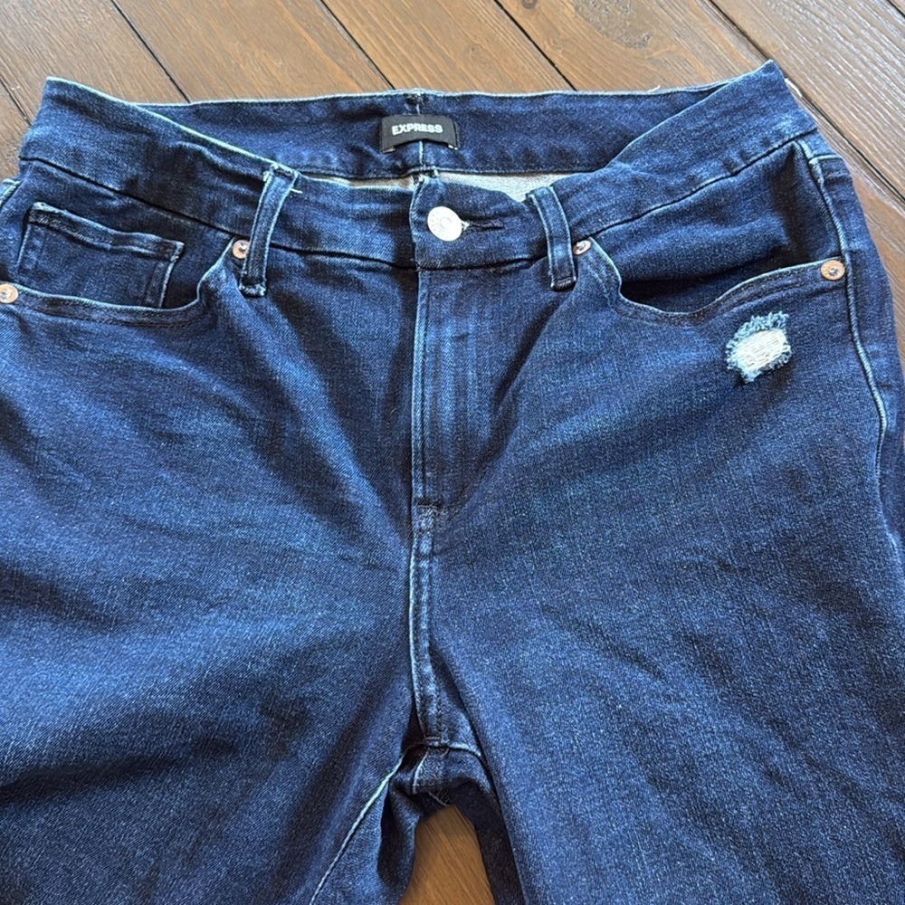 Express Skinny Mid Rise Ultra Hyper Stretch Jeans Blue Sz Medium Distressed - Picture 4 of 5